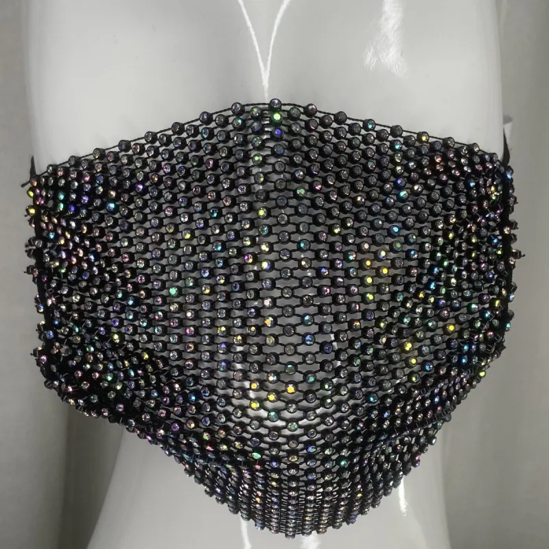 Fashion Mask (Mesh Black/Iridescent Rhinestones) In Stock sold by Boughie Curves