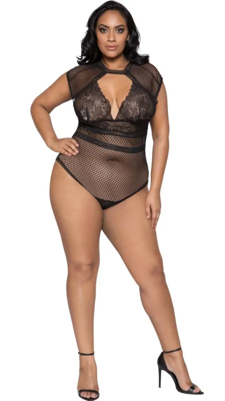 Cap Sleeve Keyhole Bodysuit With Snap Bottom (Black) sold by Boughie Curves
