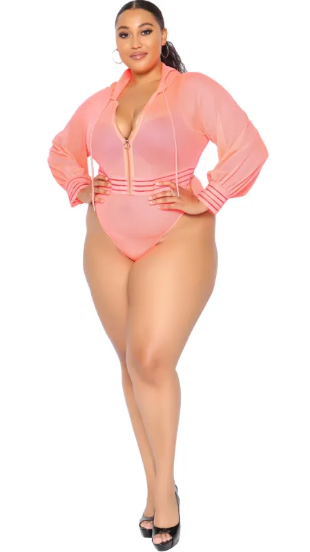 Too Much Sauce Hooded Bodysuit/Swimwear (Neon Pink) sold by Boughie Curves