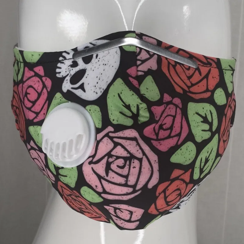 Respirator PM 2.5 Mask With Filter Pocket And 2 Filters (Rose And Skull Print) In Stock sold by Boughie Curves