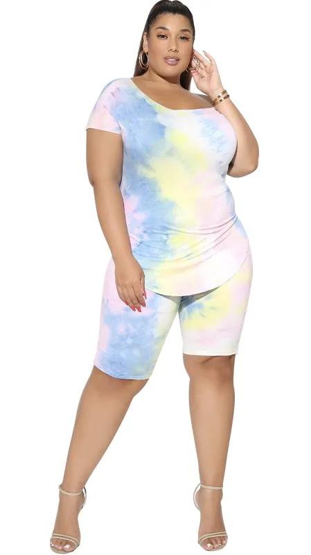 Colors Of Life 2Pcs Short Set (Blue/Pink/Yellow Tie Dye) made by Boughie Curves