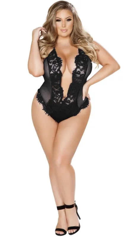 One Piece V-Shaped Eyelash Lace And Satin Teddy (Black) sold by Boughie Curves