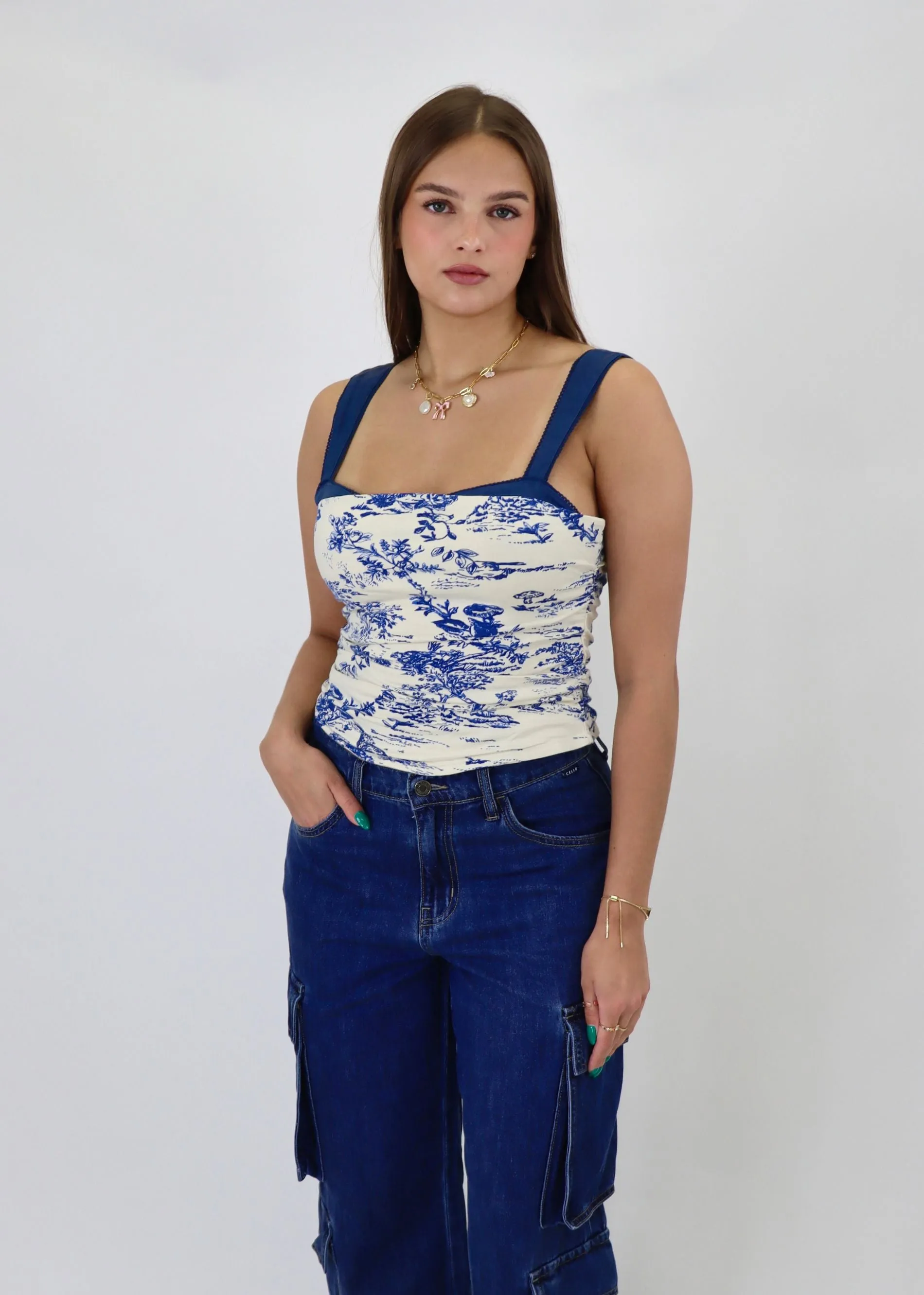 Free People 2 Toned Tank ★ White & Navy Floral sold by Rock N Rags product image thumbnail 3