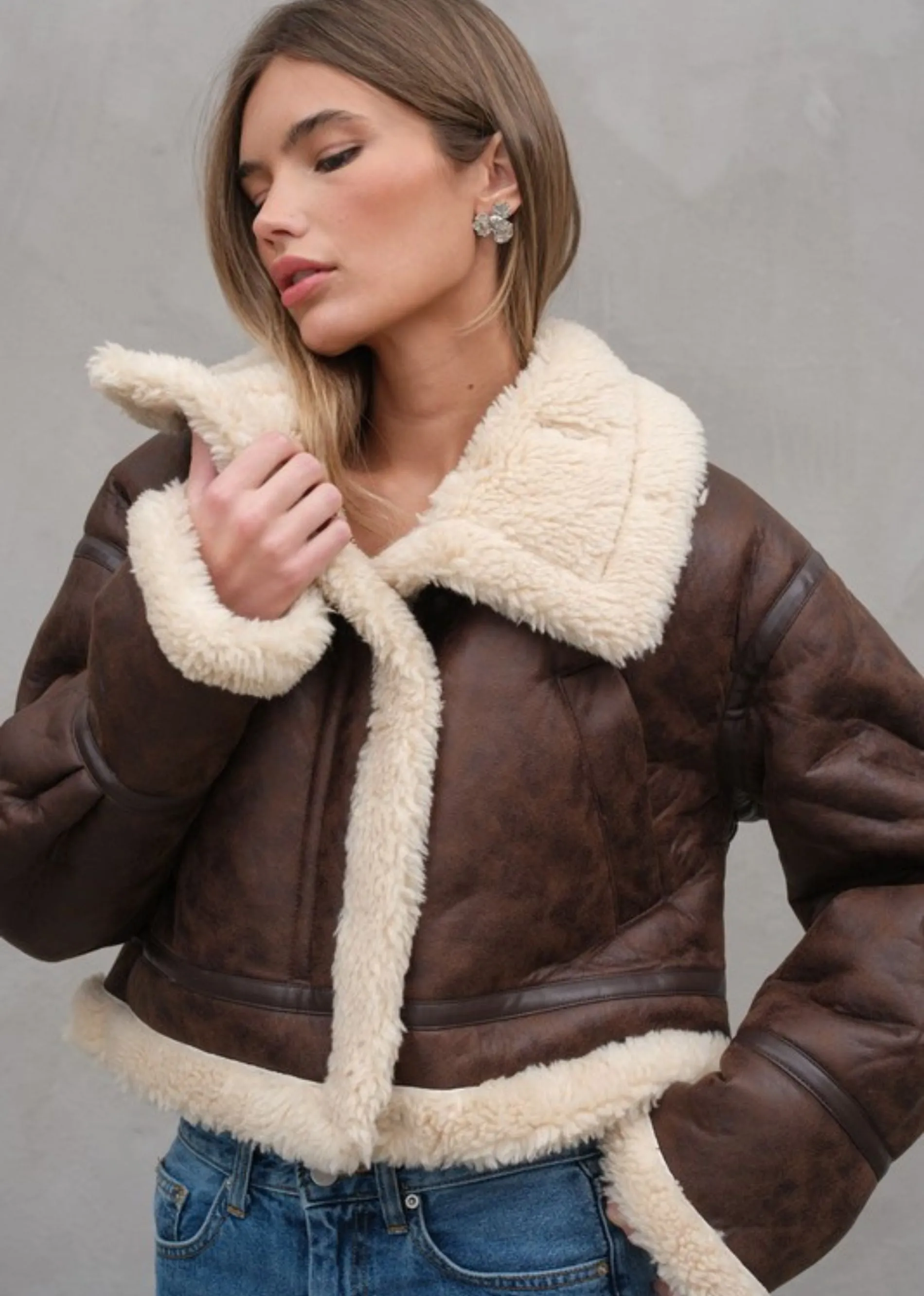 Faux Leather Jacket With Sherpa Detail ★ Brown sold by Rock N Rags