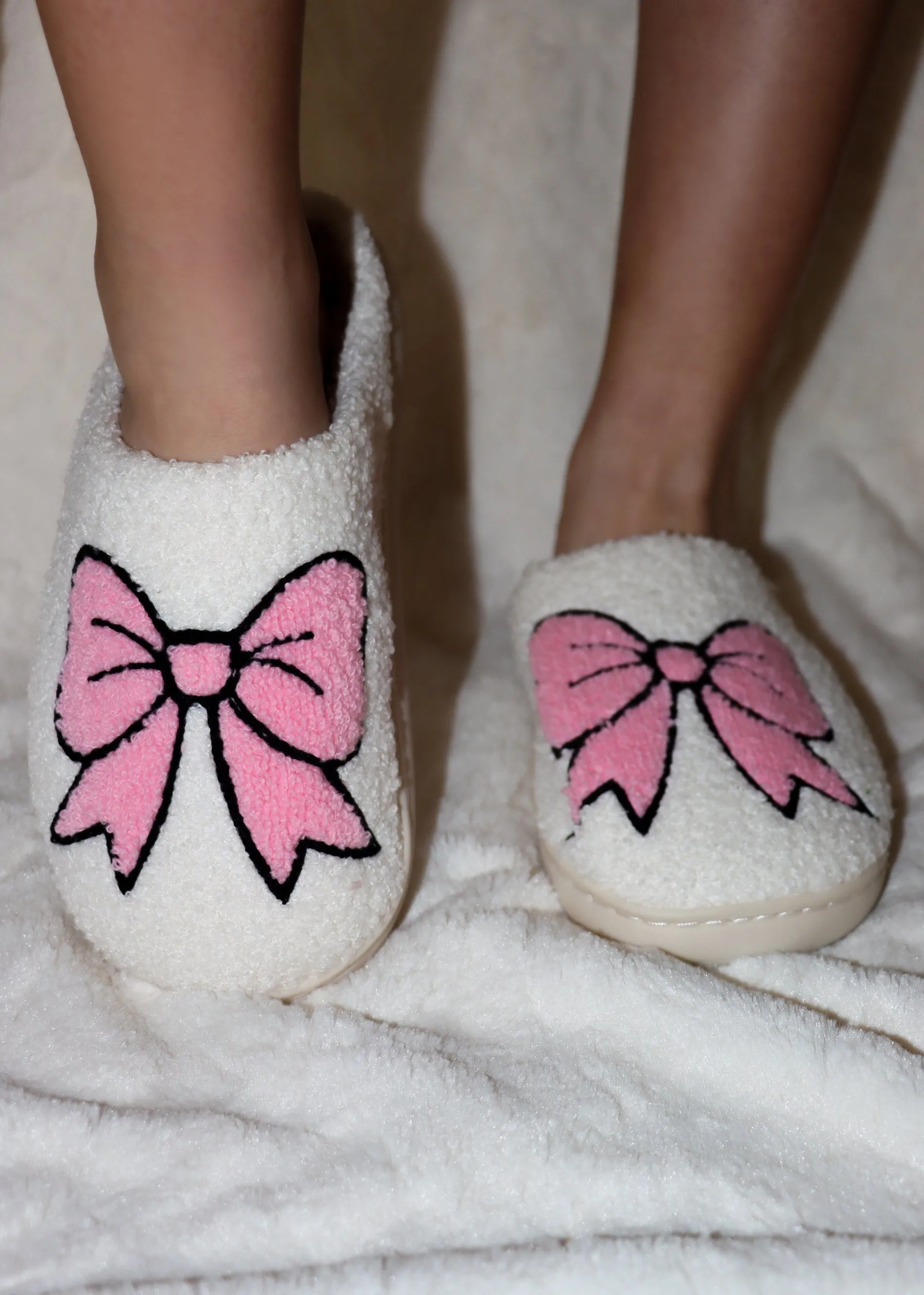 Bowknot Fuzzy Slip-on Slippers ★ Pink & White sold by Rock N Rags