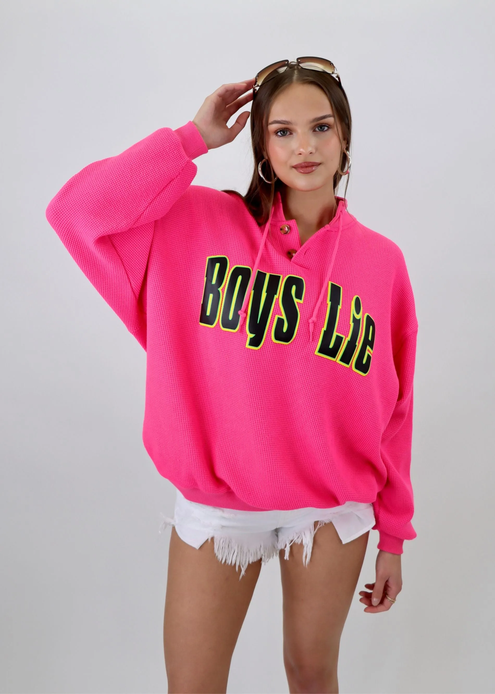 Boys Lie Spunk Thermal Henley Crewneck ★ Hot Pink sold by Rock N Rags