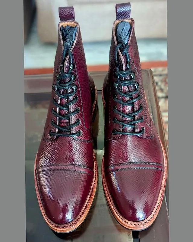 Dixon, Cap-Toe Derby Boot - Hatchgrain Burgundy | Hand Welted Service Boots sold by Blkbrd Shoemaker product image thumbnail 2