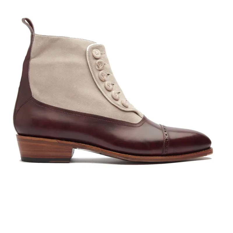 Esquire, Button Boot - Plum Museum Calf Ivory Suede | Hand Welted Contemporary Classics made by Blkbrd Shoemaker