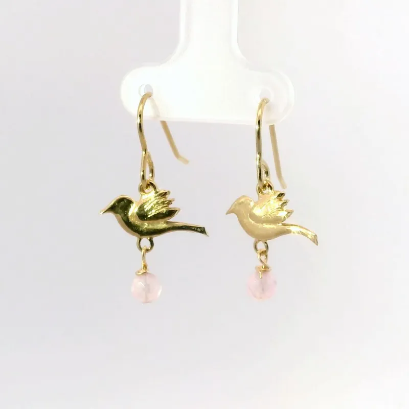Frida Kahlo Bird Rose Quartz Drop Earrings (18ct Gold Vermeil) made by Licensed to Charm