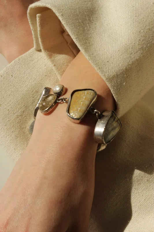 Amazing Vintage 925 Cabochon Stone & Pearl Toggle Bracelet made by NA NIN