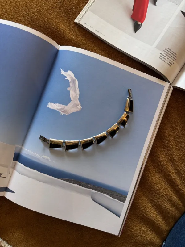 Amazing Vintage Sterling Silver & Onyx Inlay Link Bracelet made by Vintage