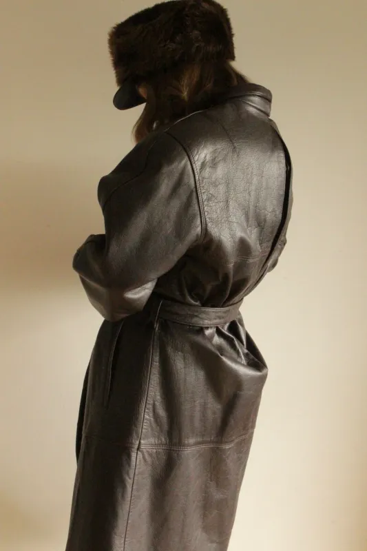 Rare Vintage Espresso Belted Leather Coat made by NA NIN