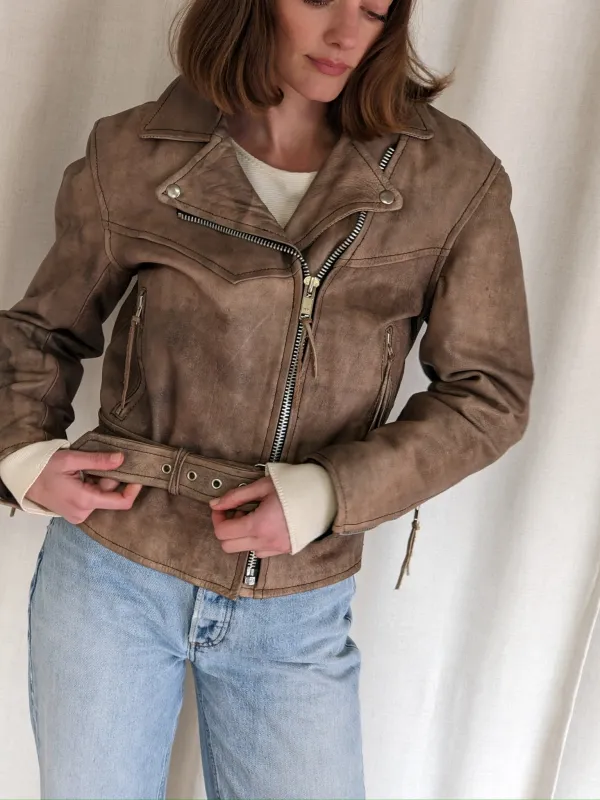 Amazing Vintage Faded Almond Leather Moto Jacket made by NA NIN