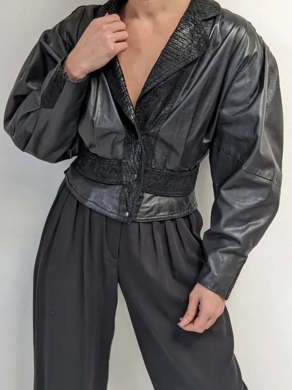 Bold Vintage Cropped Black Leather Bomber sold by NA NIN