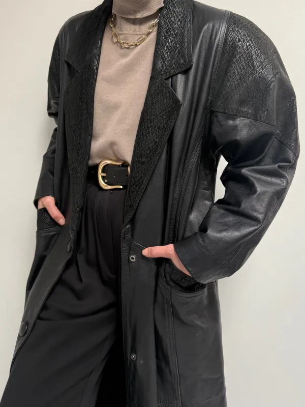 Bold Vintage Long Black Leather Coat made by NA NIN