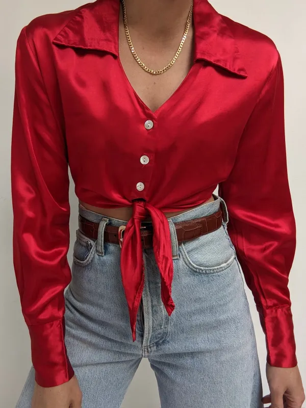 90s Cropped Chili Satin Tie Blouse made by NA NIN