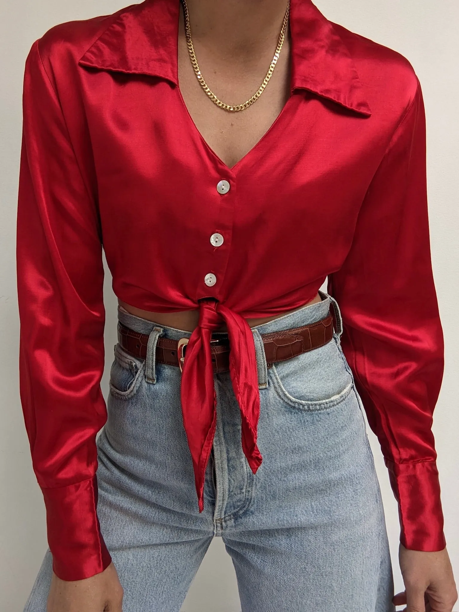 90s Cropped Chili Satin Tie Blouse sold by NA NIN