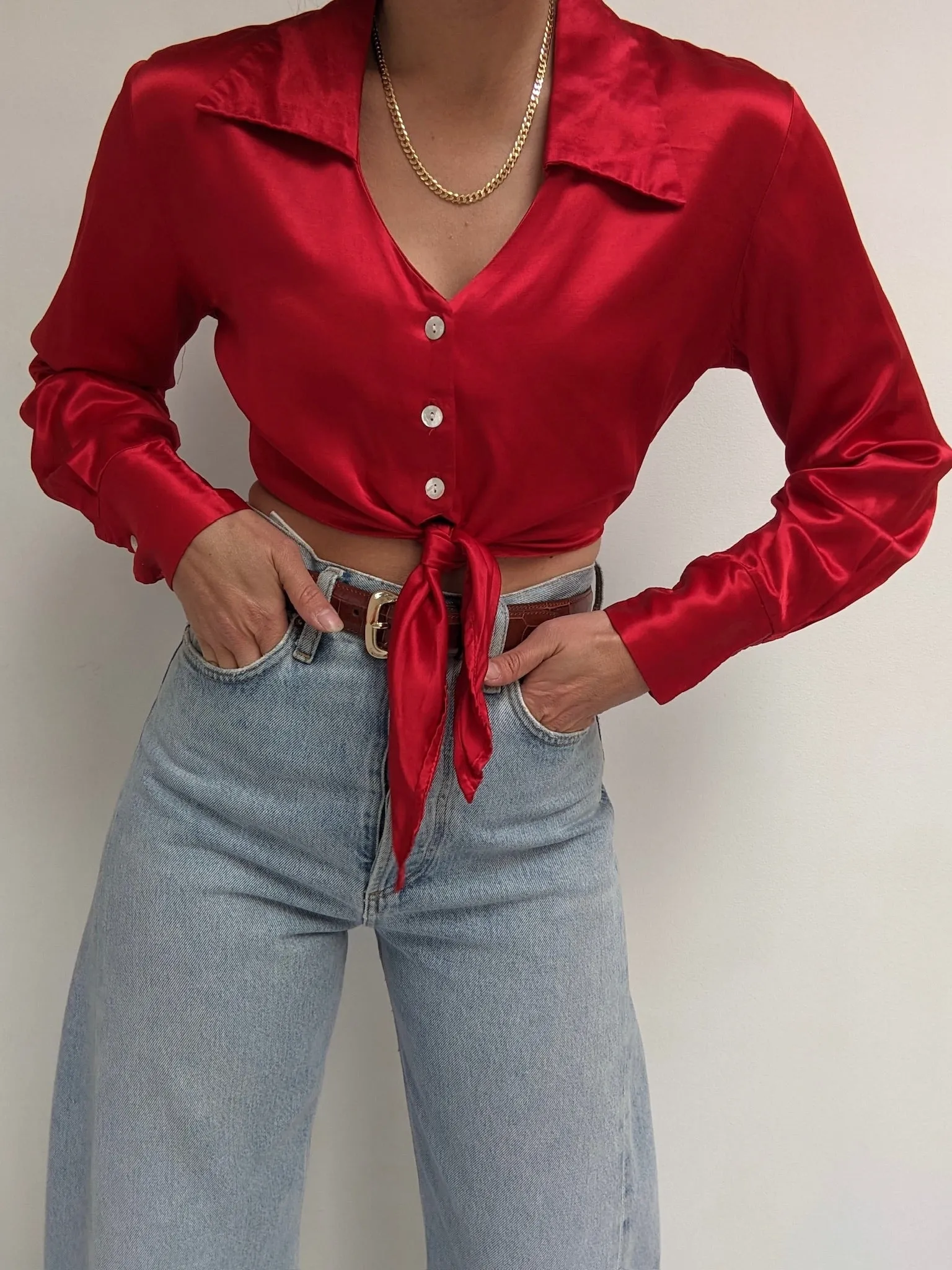 90s Cropped Chili Satin Tie Blouse sold by NA NIN product image thumbnail 2