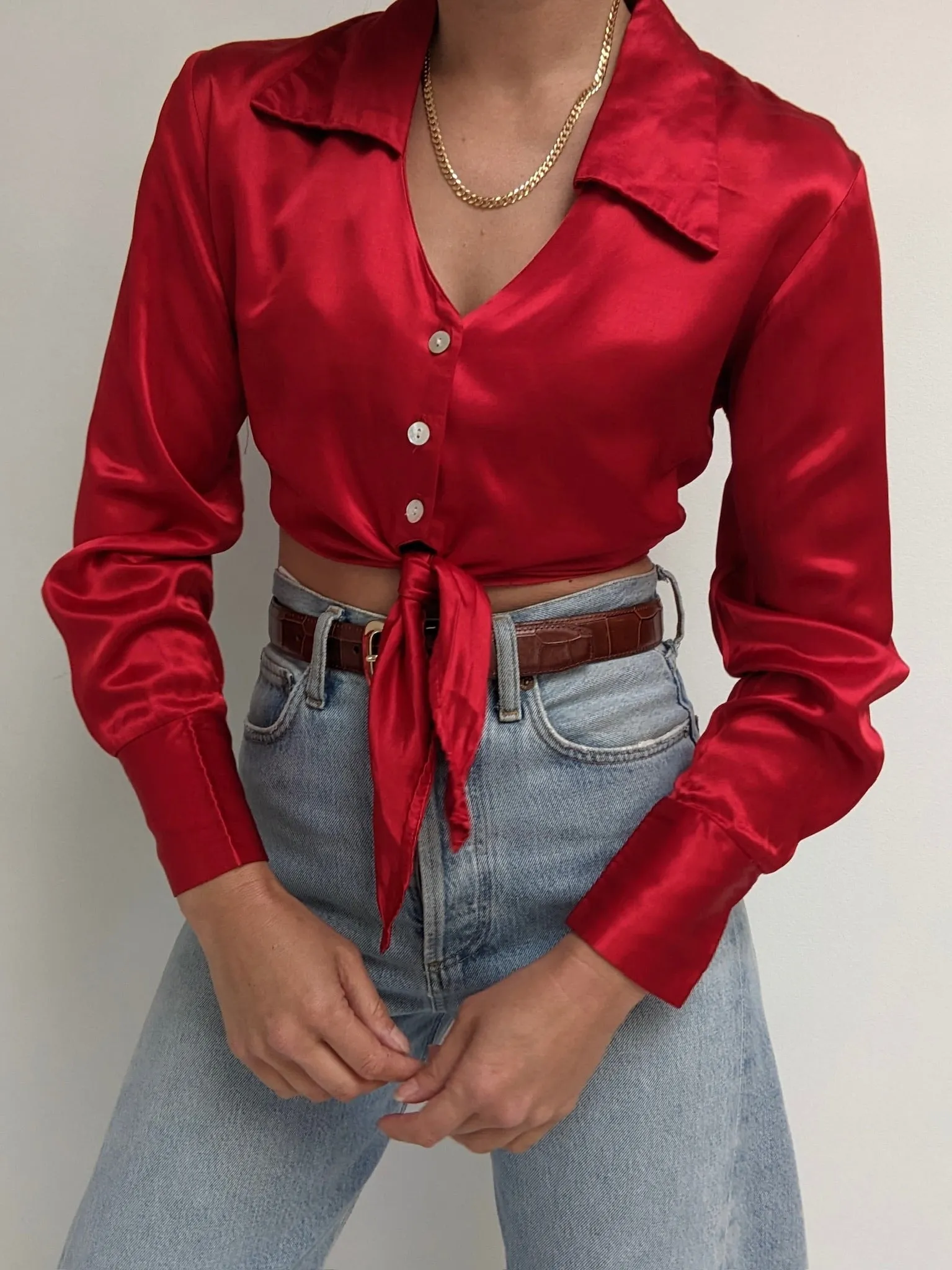 90s Cropped Chili Satin Tie Blouse sold by NA NIN product image thumbnail 3
