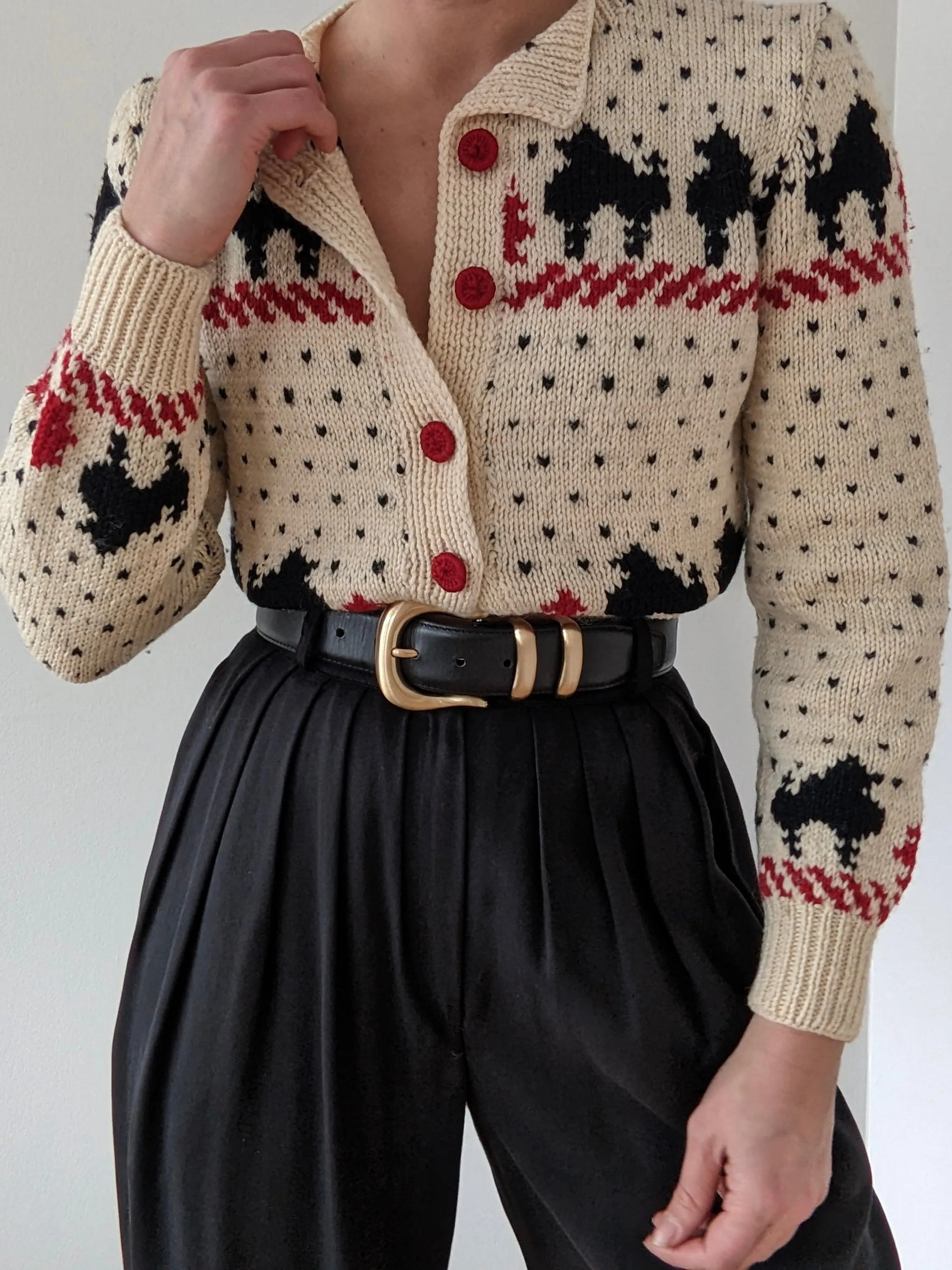 Incredible Vintage Petite Hand Knit Wool Graphic Cardigan sold by NA NIN