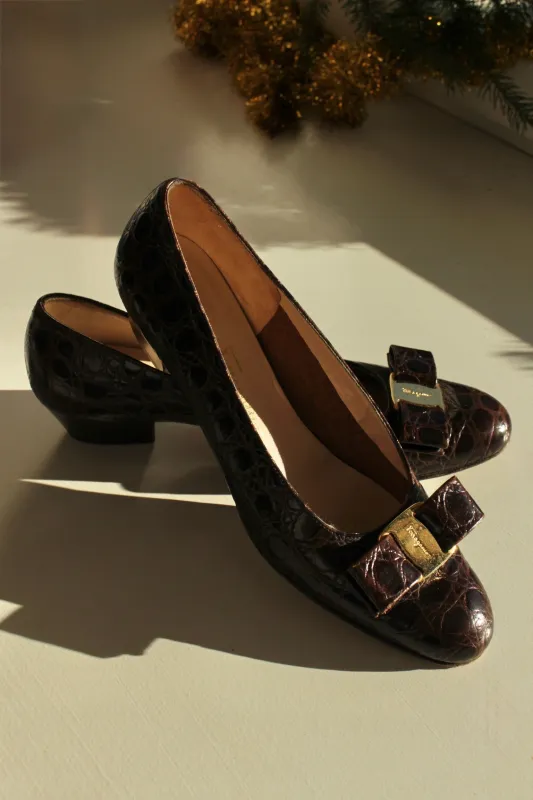 Vintage Salvatore Ferragamo Embossed Leather Pumps sold by NA NIN