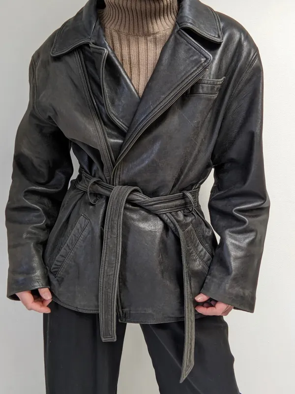 Vintage Faded Black Belted Lambskin Leather Coat made by NA NIN