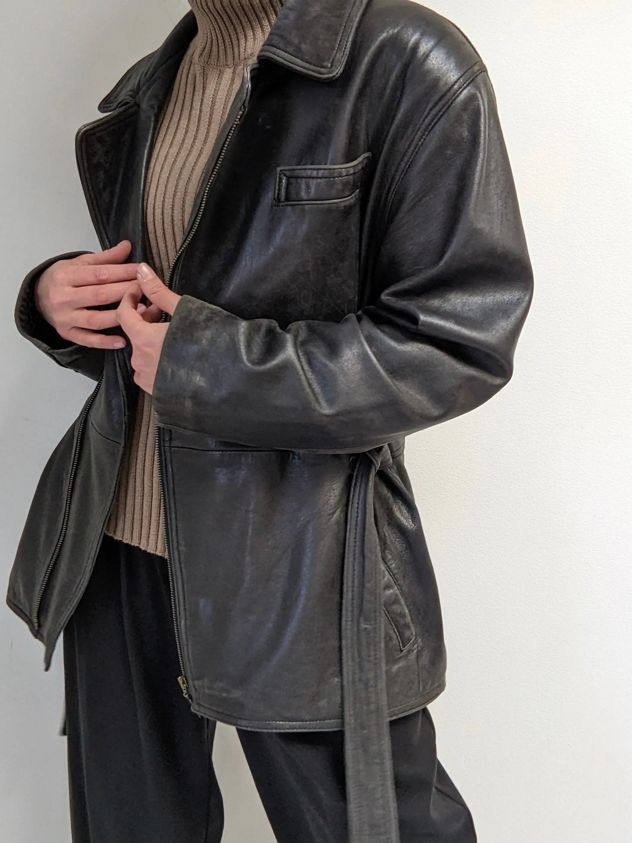 Vintage Faded Black Belted Lambskin Leather Coat sold by NA NIN product image thumbnail 4