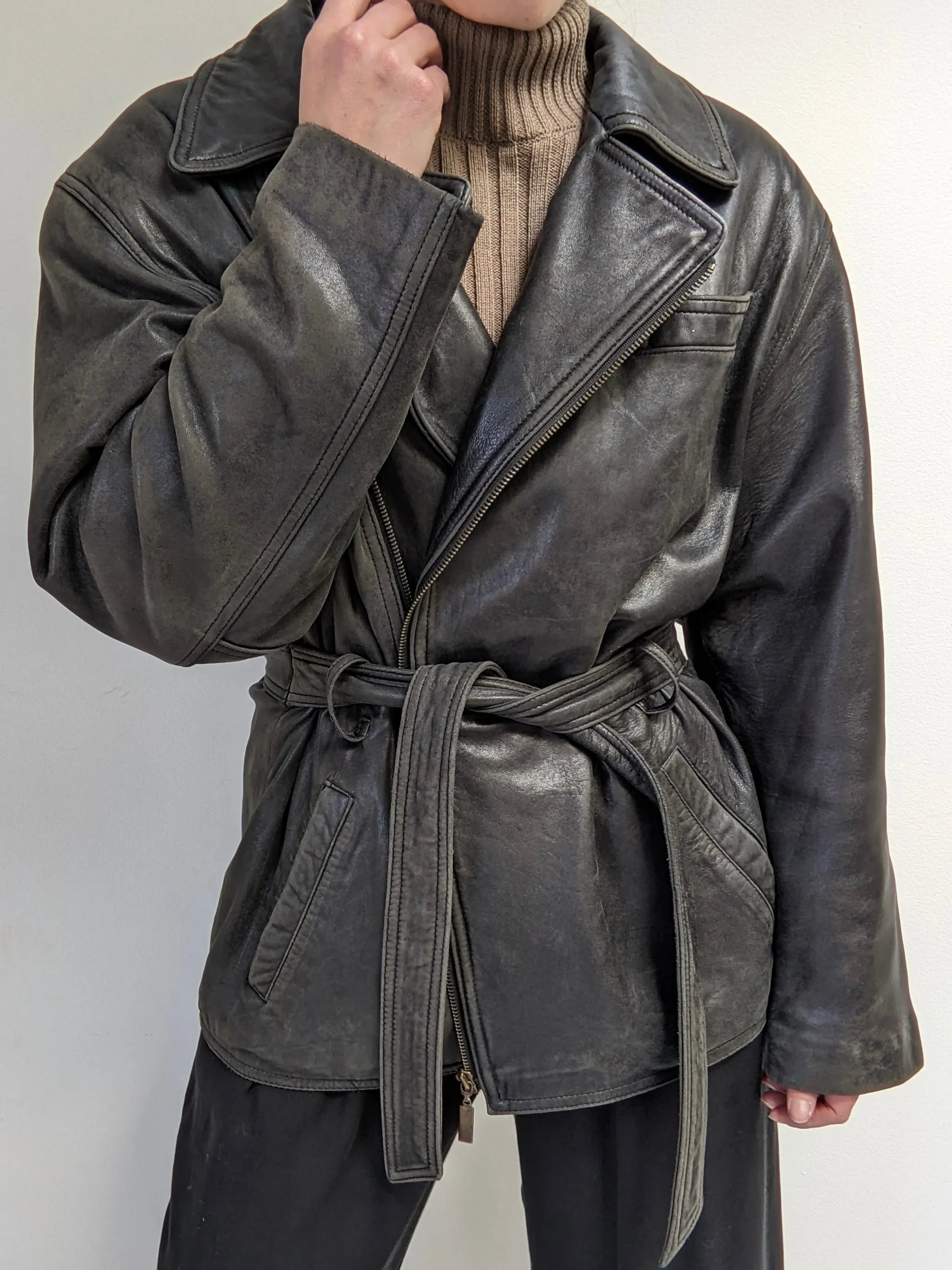 Vintage Faded Black Belted Lambskin Leather Coat sold by NA NIN product image thumbnail 3