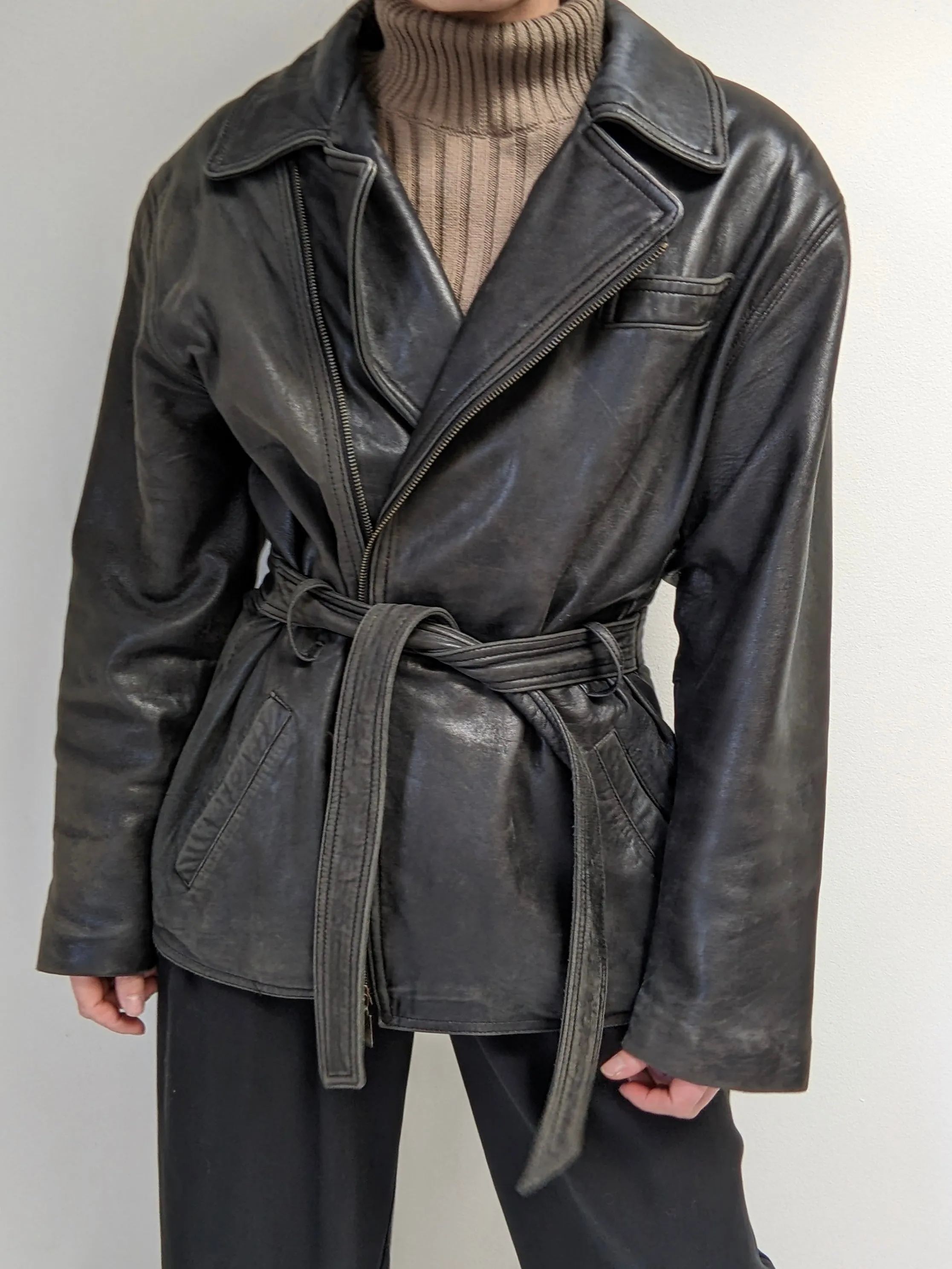 Vintage Faded Black Belted Lambskin Leather Coat sold by NA NIN product image thumbnail 2