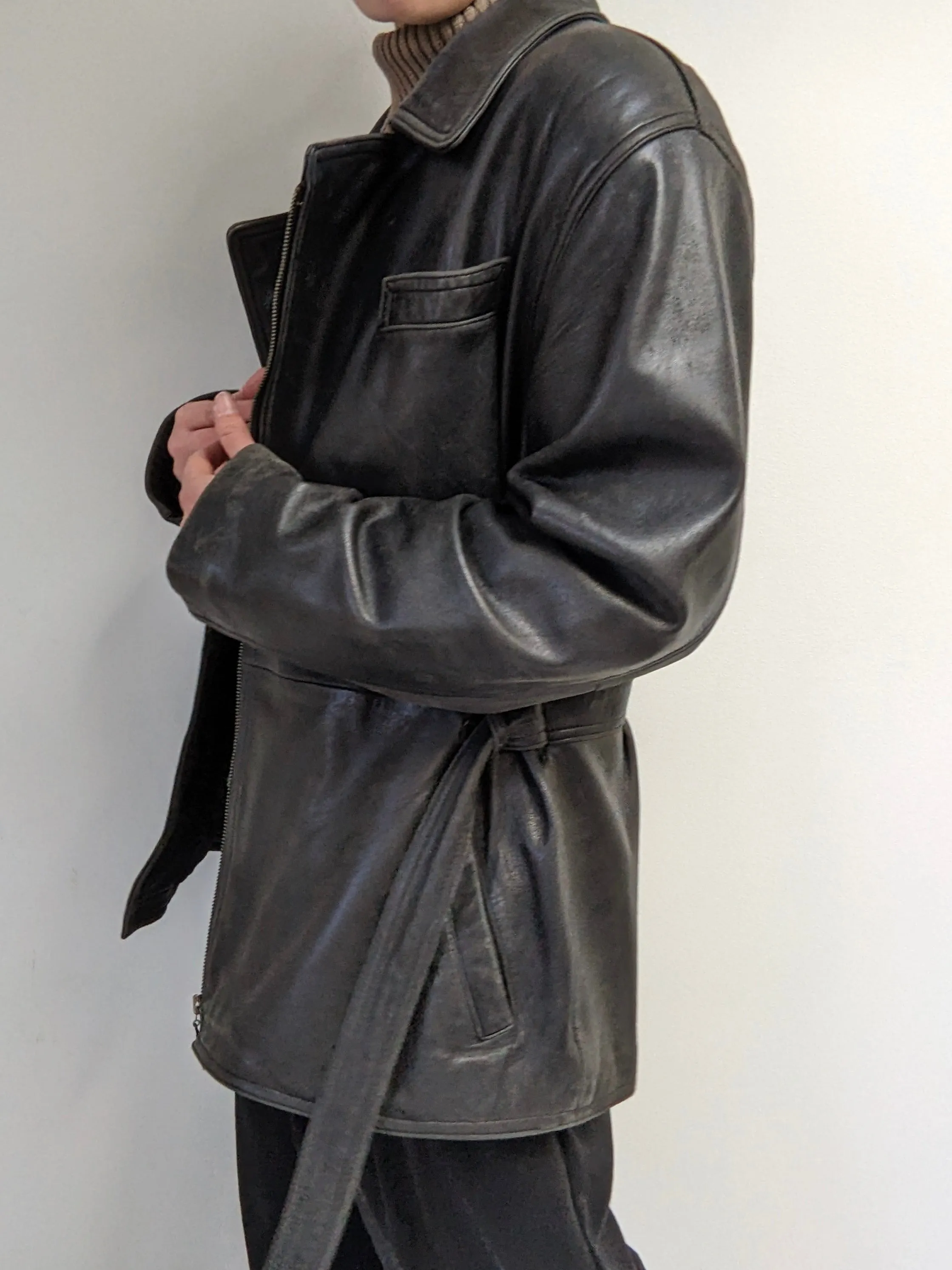 Vintage Faded Black Belted Lambskin Leather Coat sold by NA NIN product image thumbnail 5