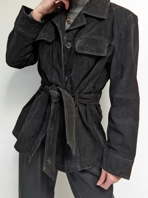 Vintage Ink Black Belted Suede Jacket made by Vintage