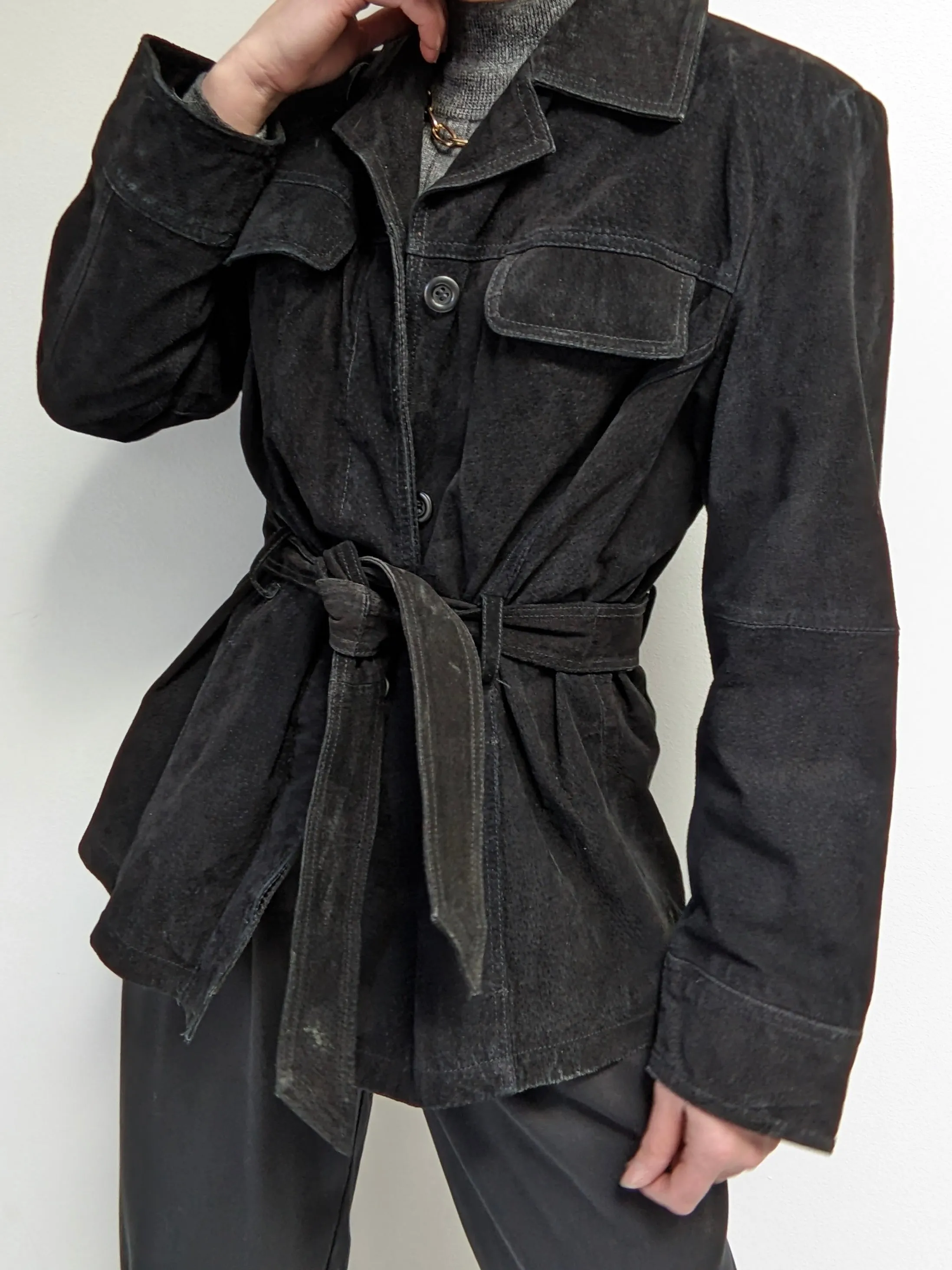 Vintage Ink Black Belted Suede Jacket sold by NA NIN