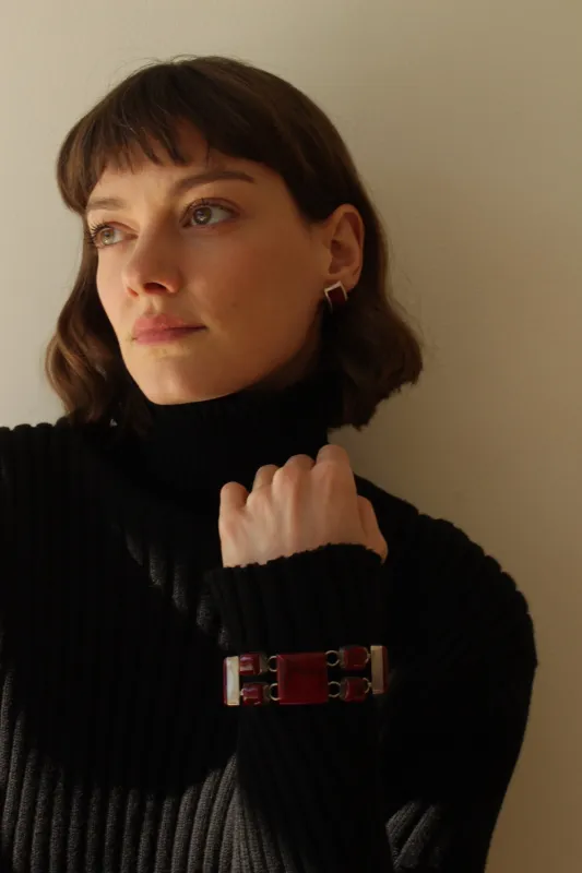 Vintage Modernist Red Jasper & Sterling Silver Bracelet & Earrings Set sold by NA NIN