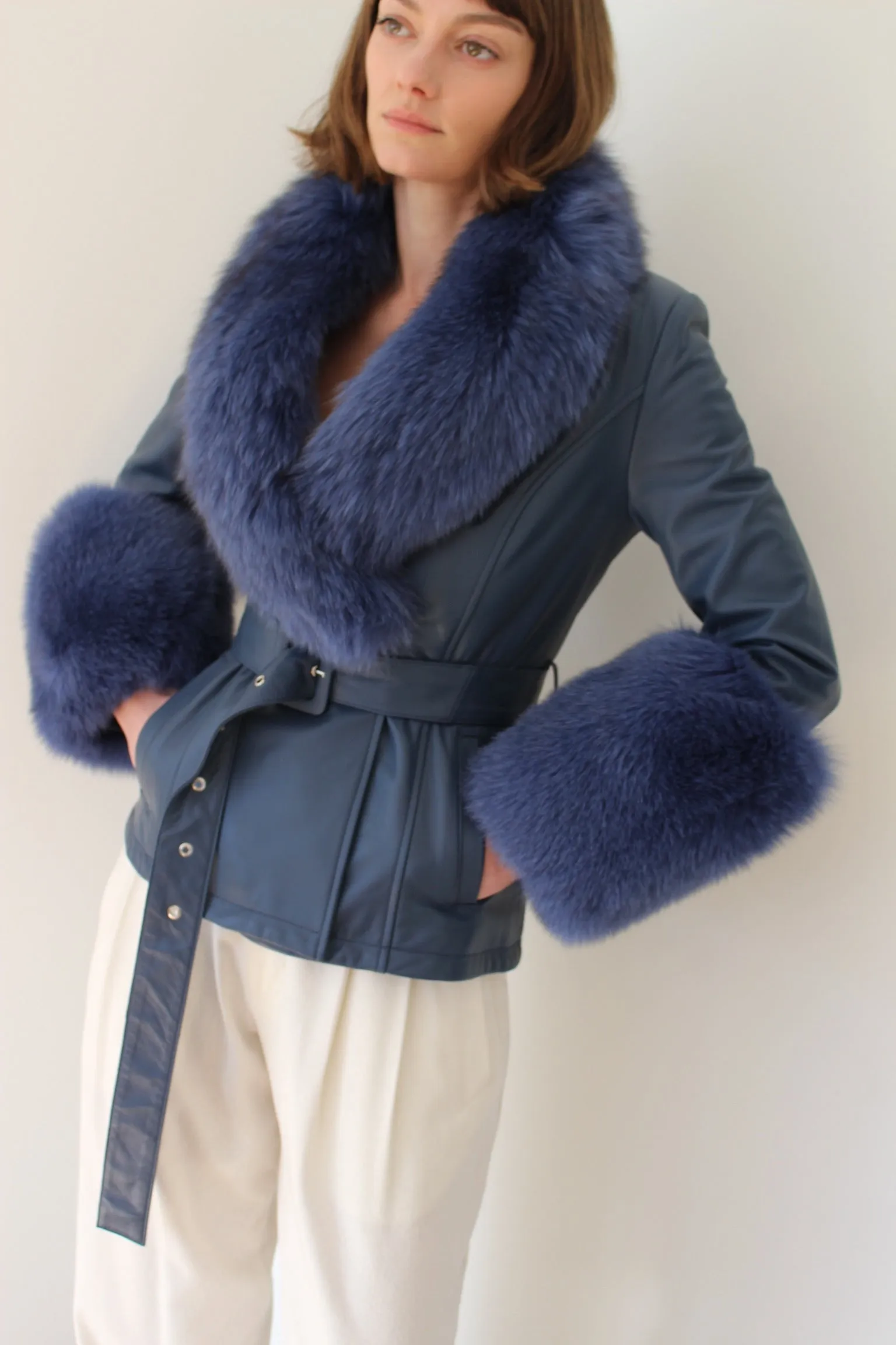 Azure Leather & Fur Embellished Belted Jacket sold by NA NIN product image thumbnail 4