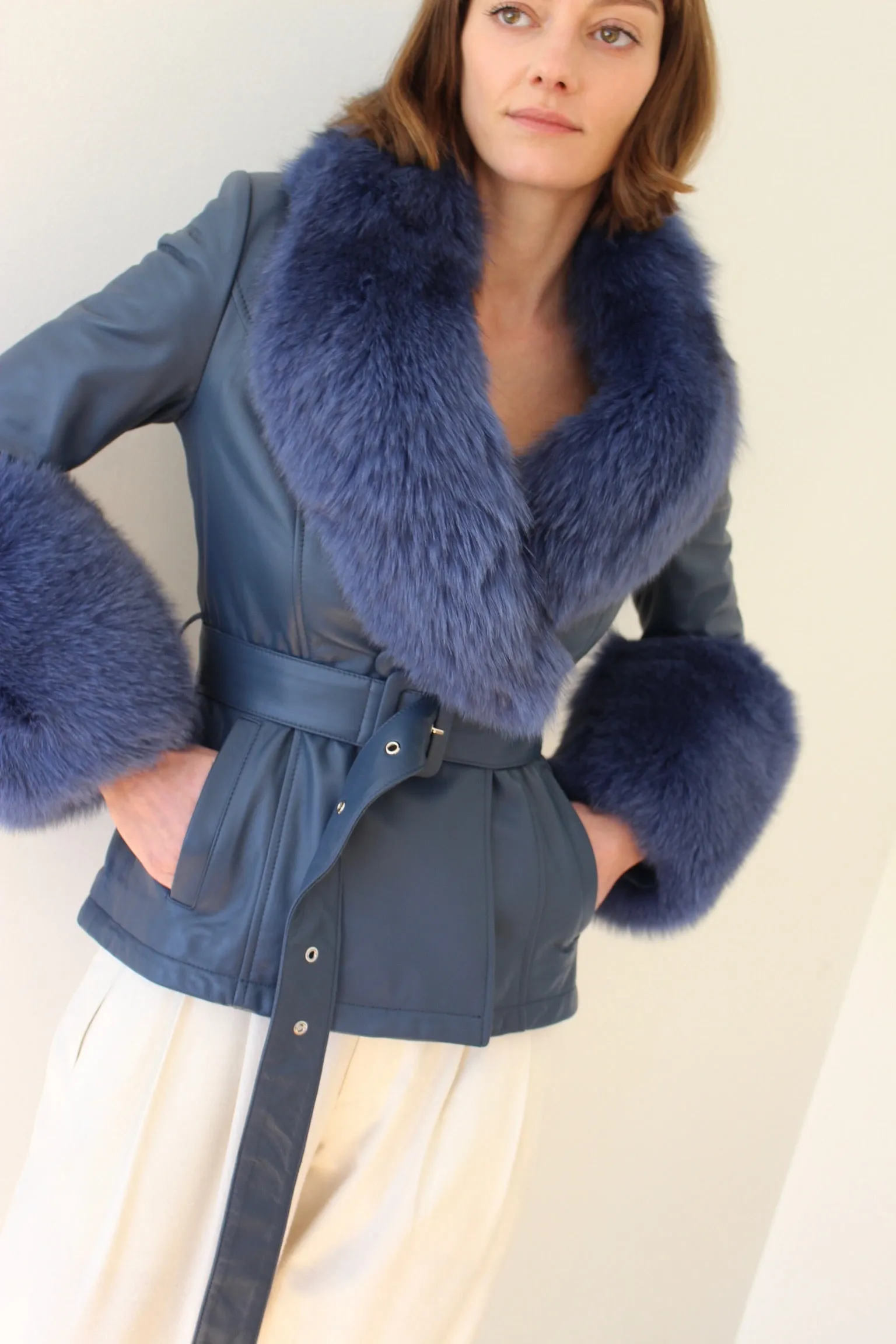 Azure Leather & Fur Embellished Belted Jacket sold by NA NIN product image thumbnail 2
