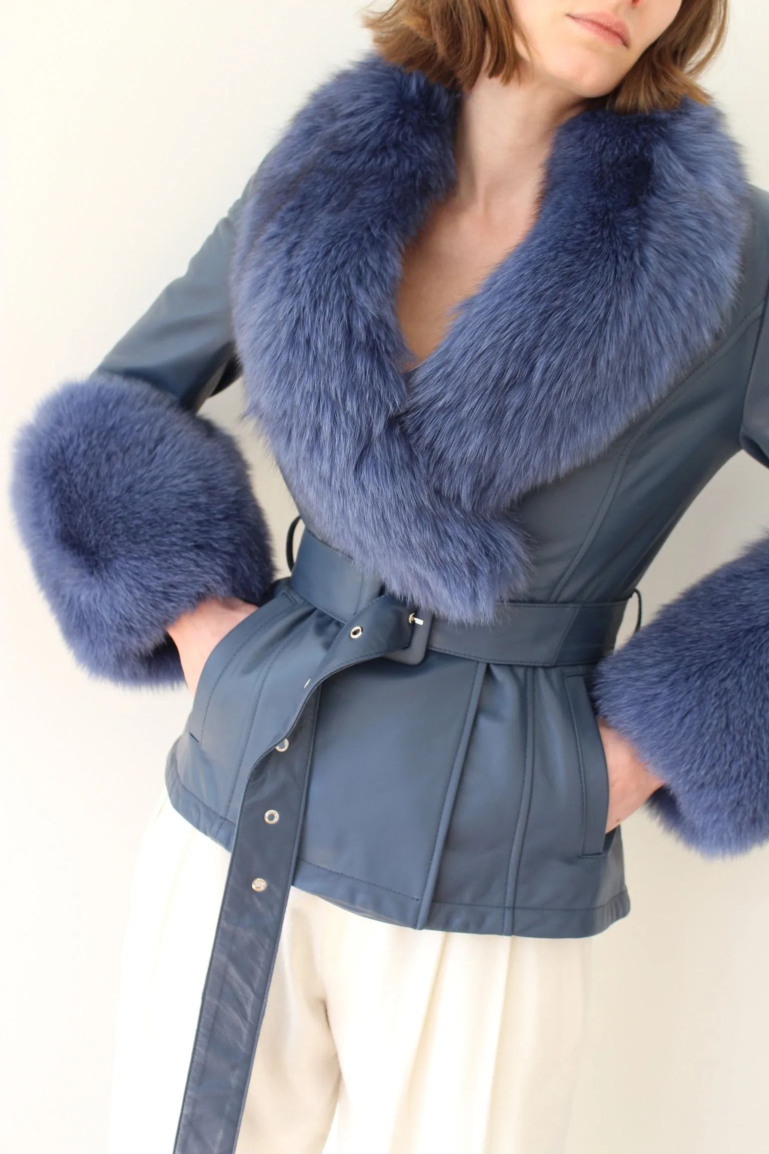 Azure Leather & Fur Embellished Belted Jacket sold by NA NIN product image thumbnail 5