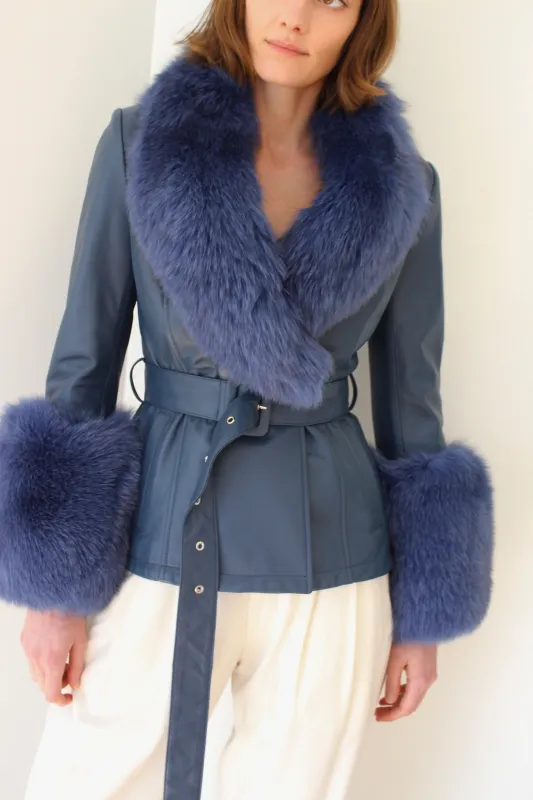 Azure Leather & Fur Embellished Belted Jacket sold by NA NIN