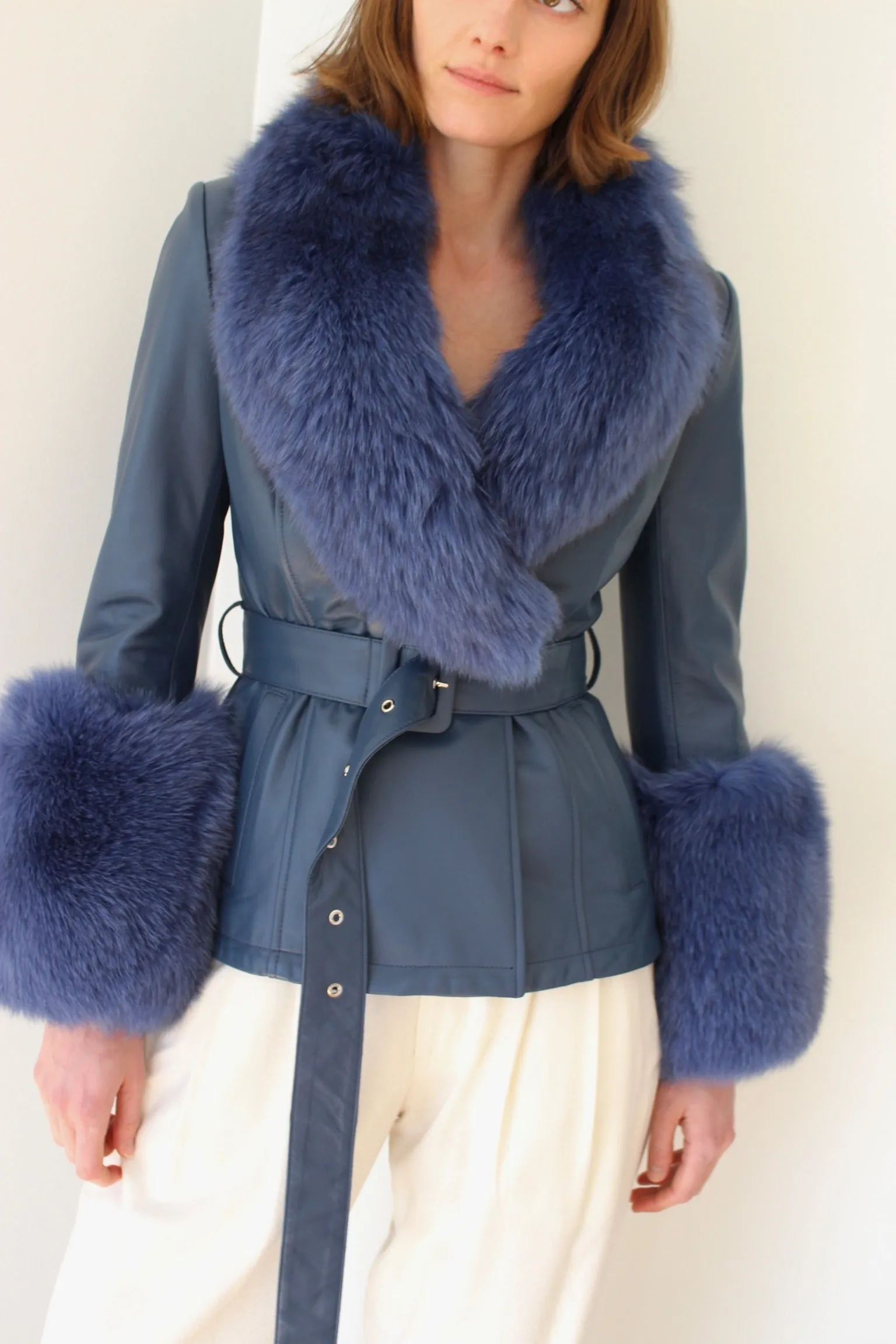 Azure Leather & Fur Embellished Belted Jacket sold by NA NIN