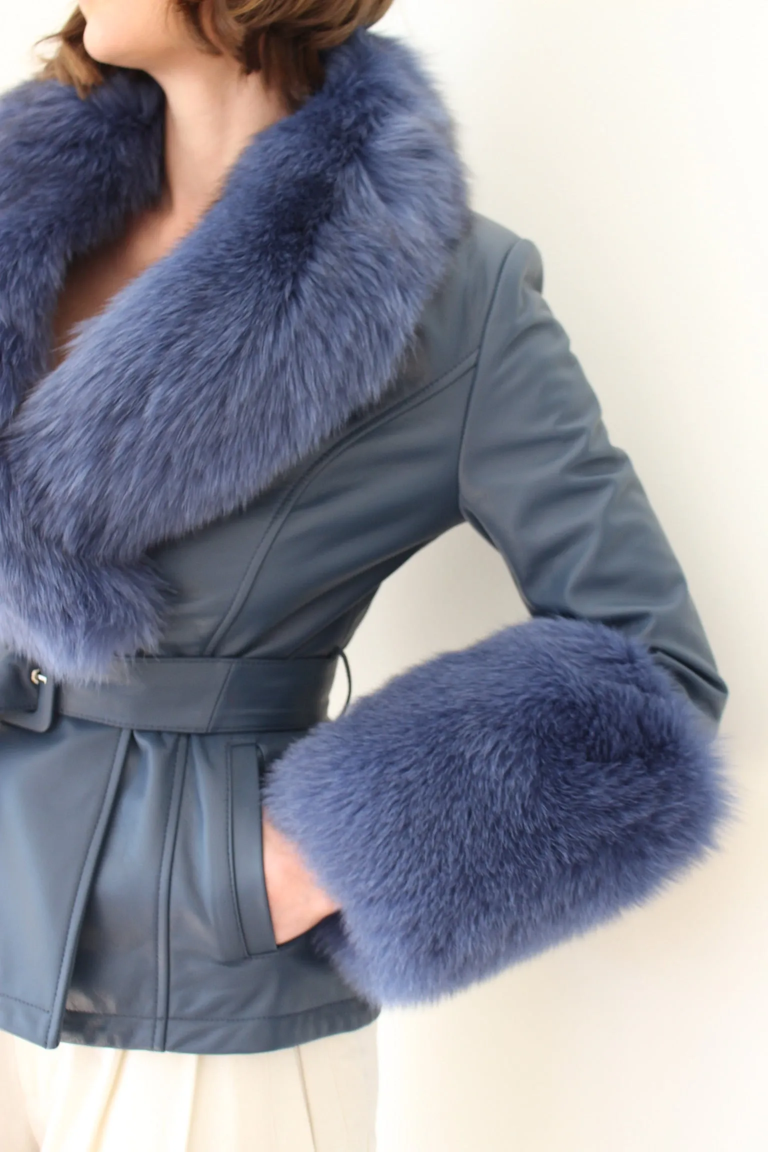 Azure Leather & Fur Embellished Belted Jacket sold by NA NIN product image thumbnail 3