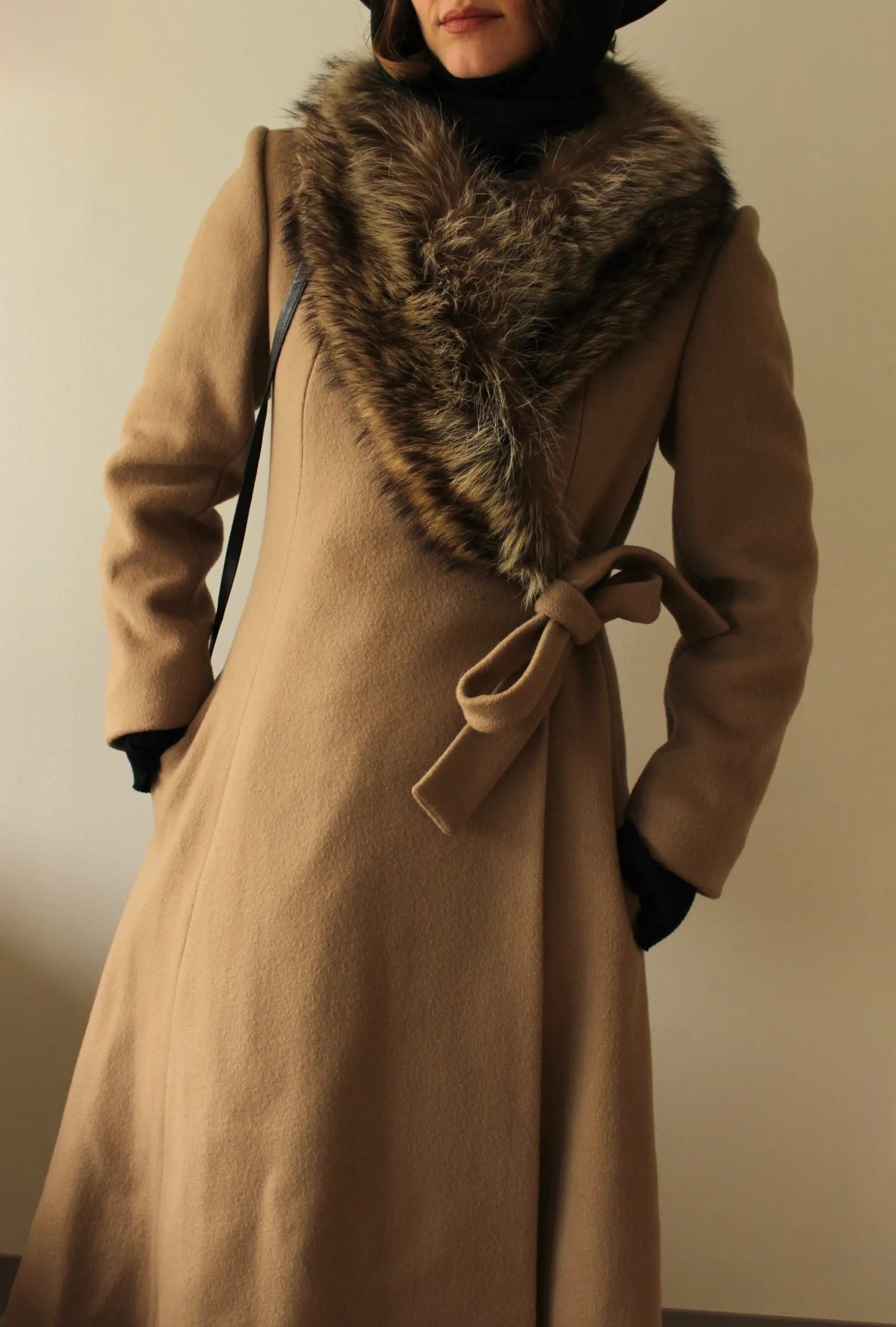 Vintage Latte Pure Wool & Fur Collar Crossover Coat sold by NA NIN product image thumbnail 2