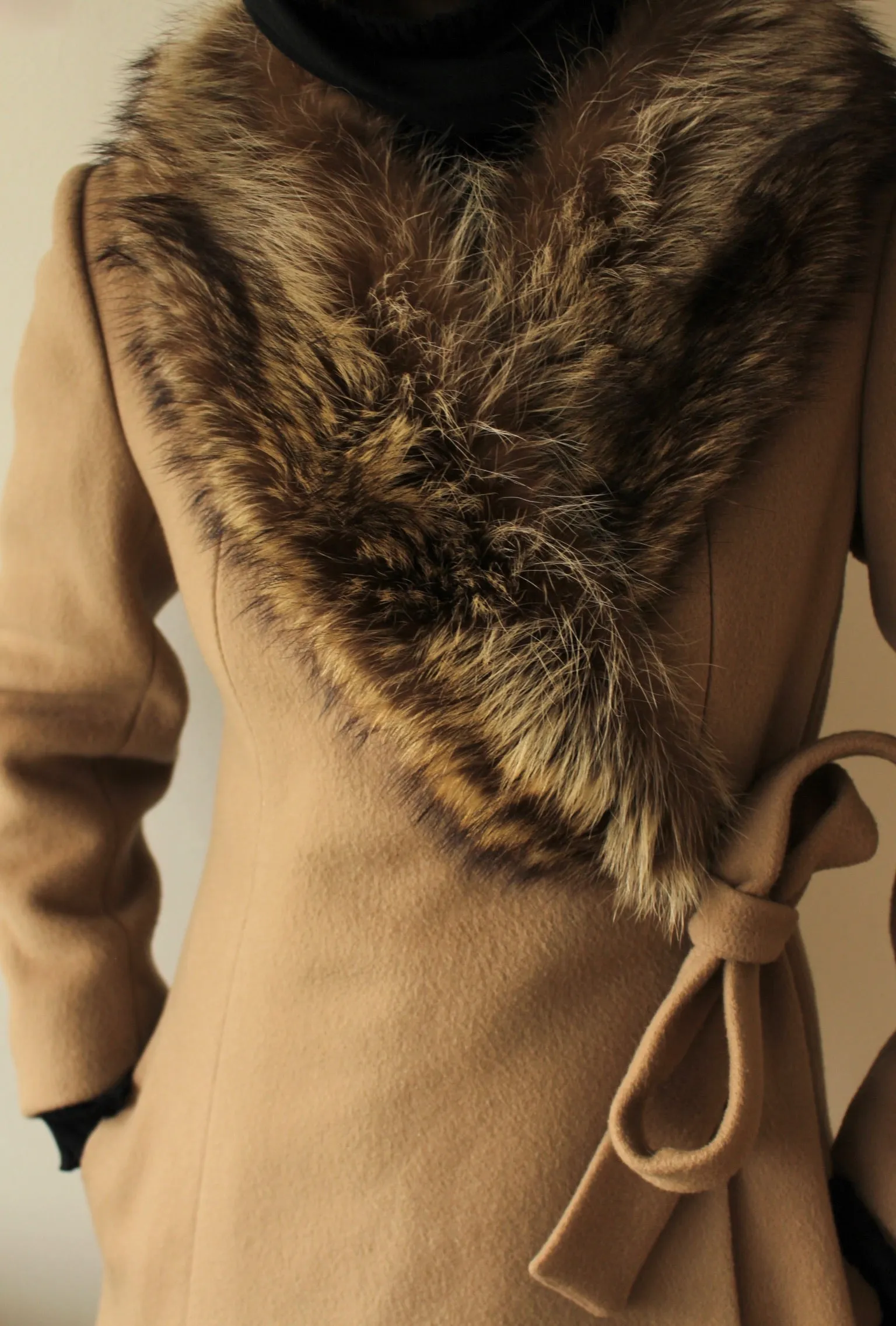 Vintage Latte Pure Wool & Fur Collar Crossover Coat sold by NA NIN product image thumbnail 3