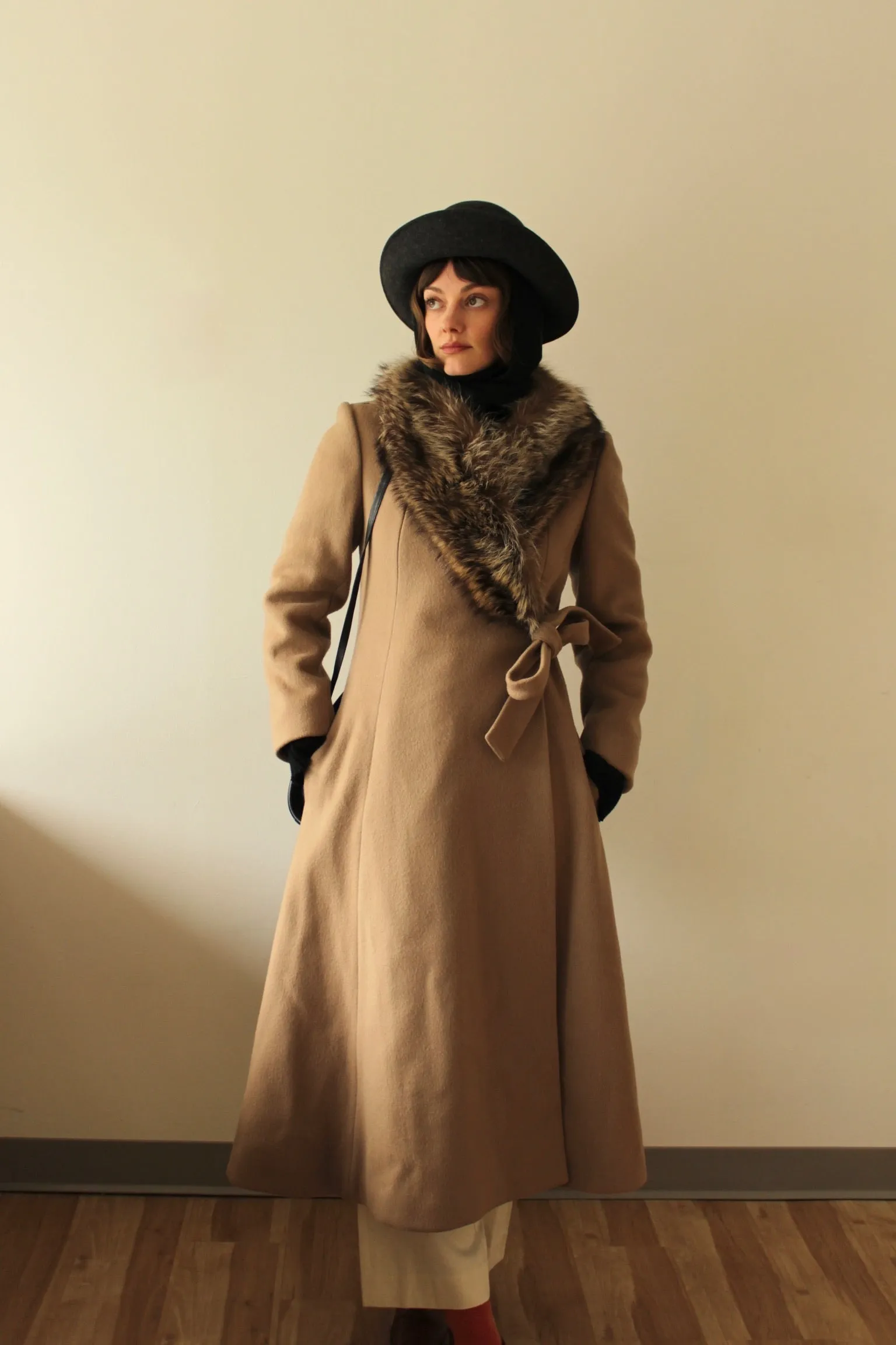 Vintage Latte Pure Wool & Fur Collar Crossover Coat sold by NA NIN