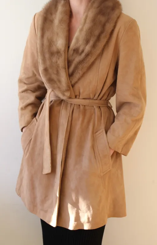 Rare Vintage Belted Suede & Fur Collar Coat made by Vintage