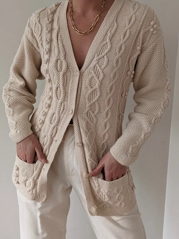 Vintage Cream Cotton & Wool Patterned Cardigan made by Vintage