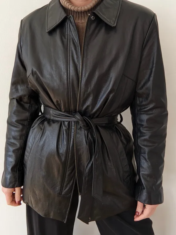Vintage Belted Ink Black Leather Jacket made by NA NIN