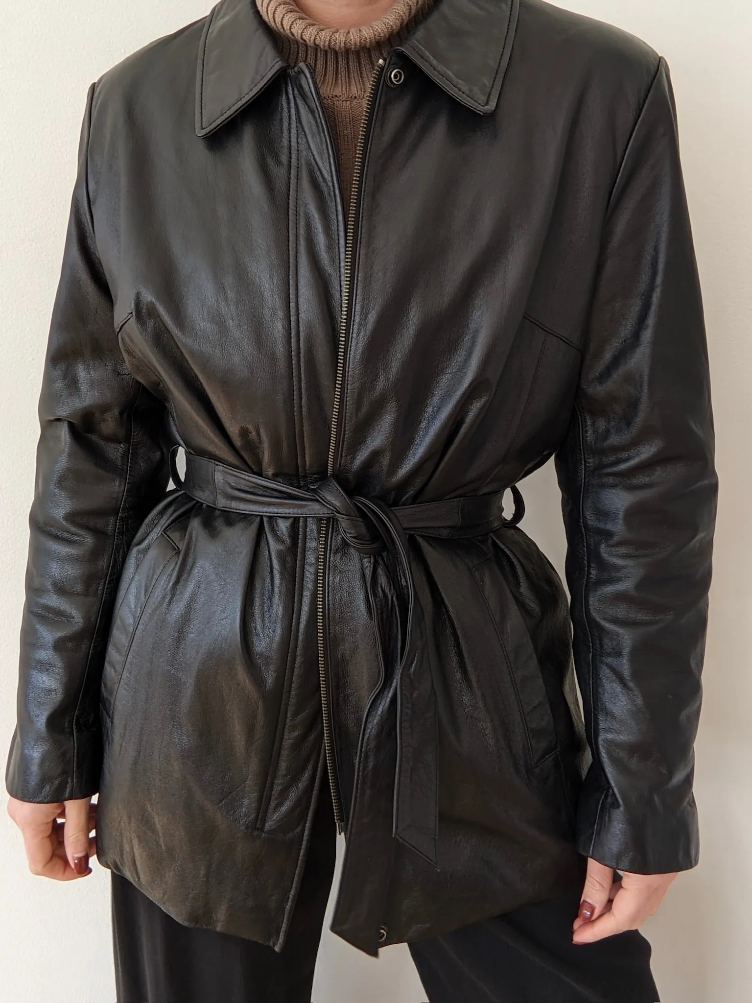 Vintage Belted Ink Black Leather Jacket sold by NA NIN