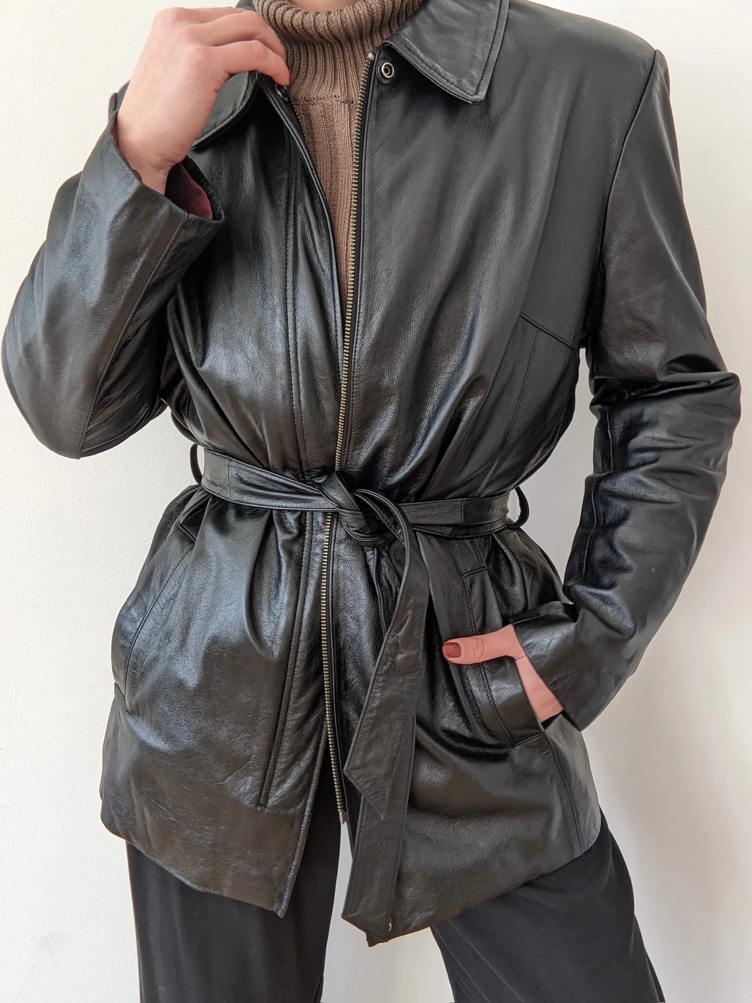 Vintage Belted Ink Black Leather Jacket sold by NA NIN product image thumbnail 5
