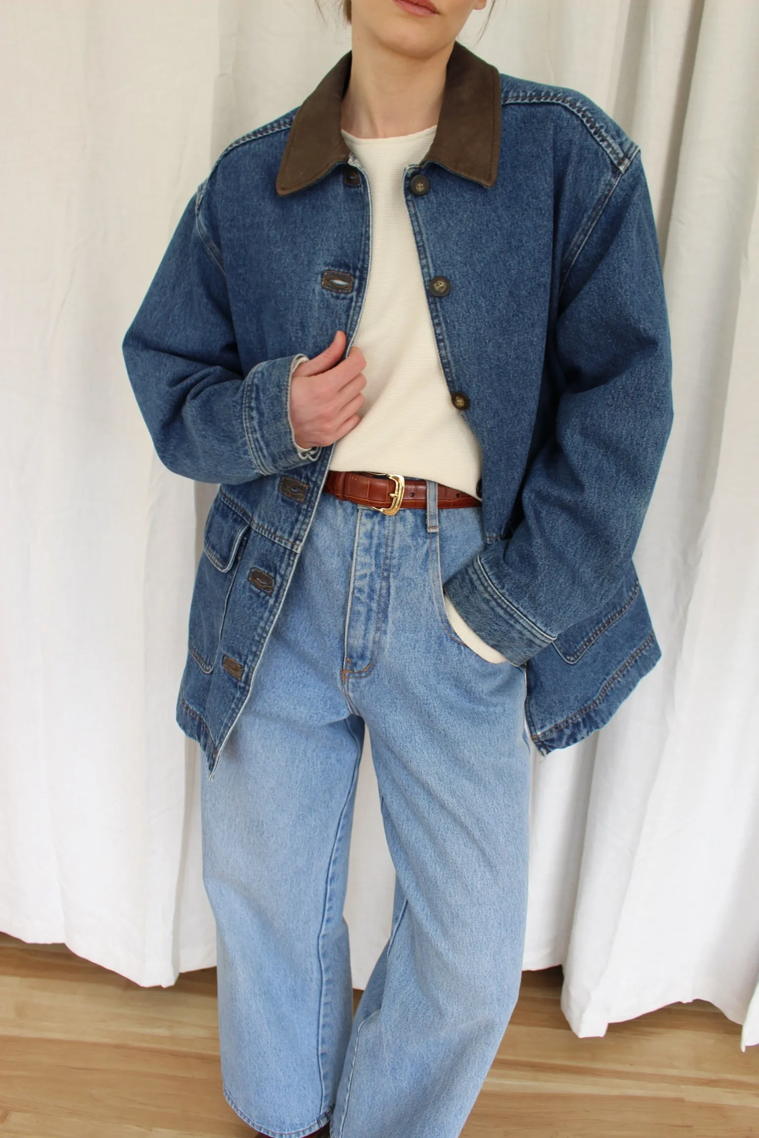 Vintage Leather-Accent Denim Chore Coat sold by NA NIN