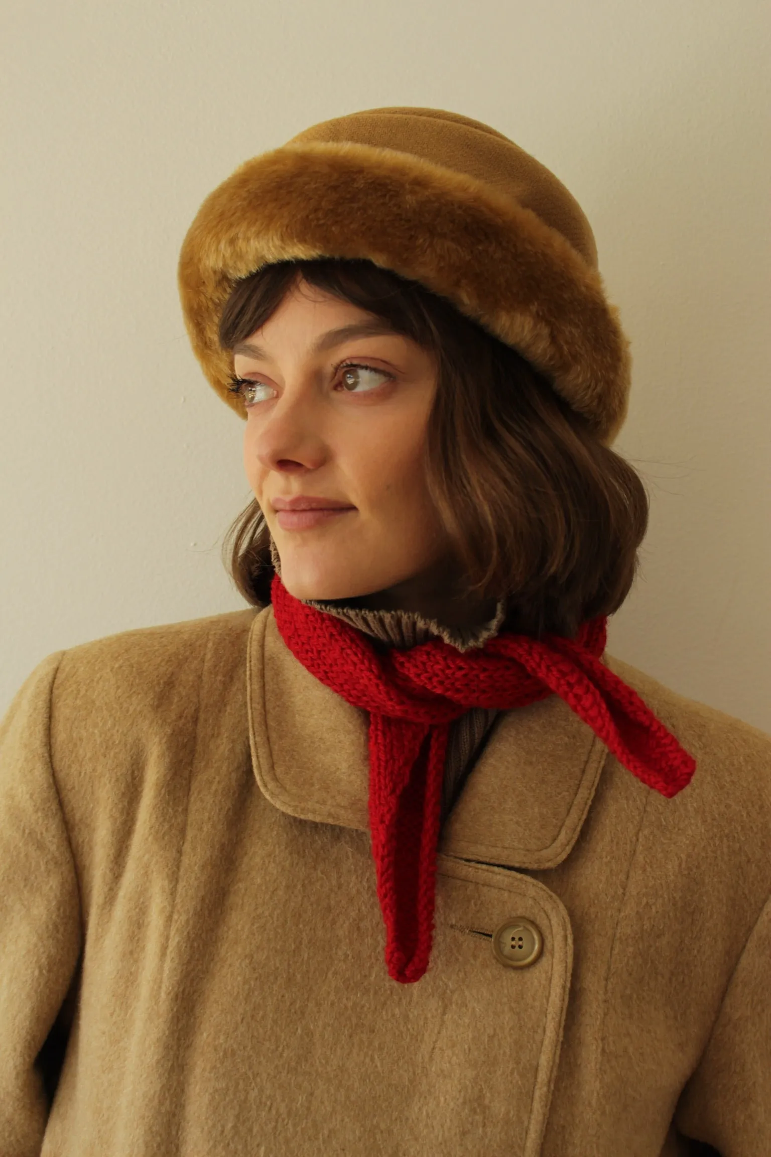 Vintage Caramel Wool Herringbone & Faux Fur Hat sold by NA NIN product image thumbnail 2