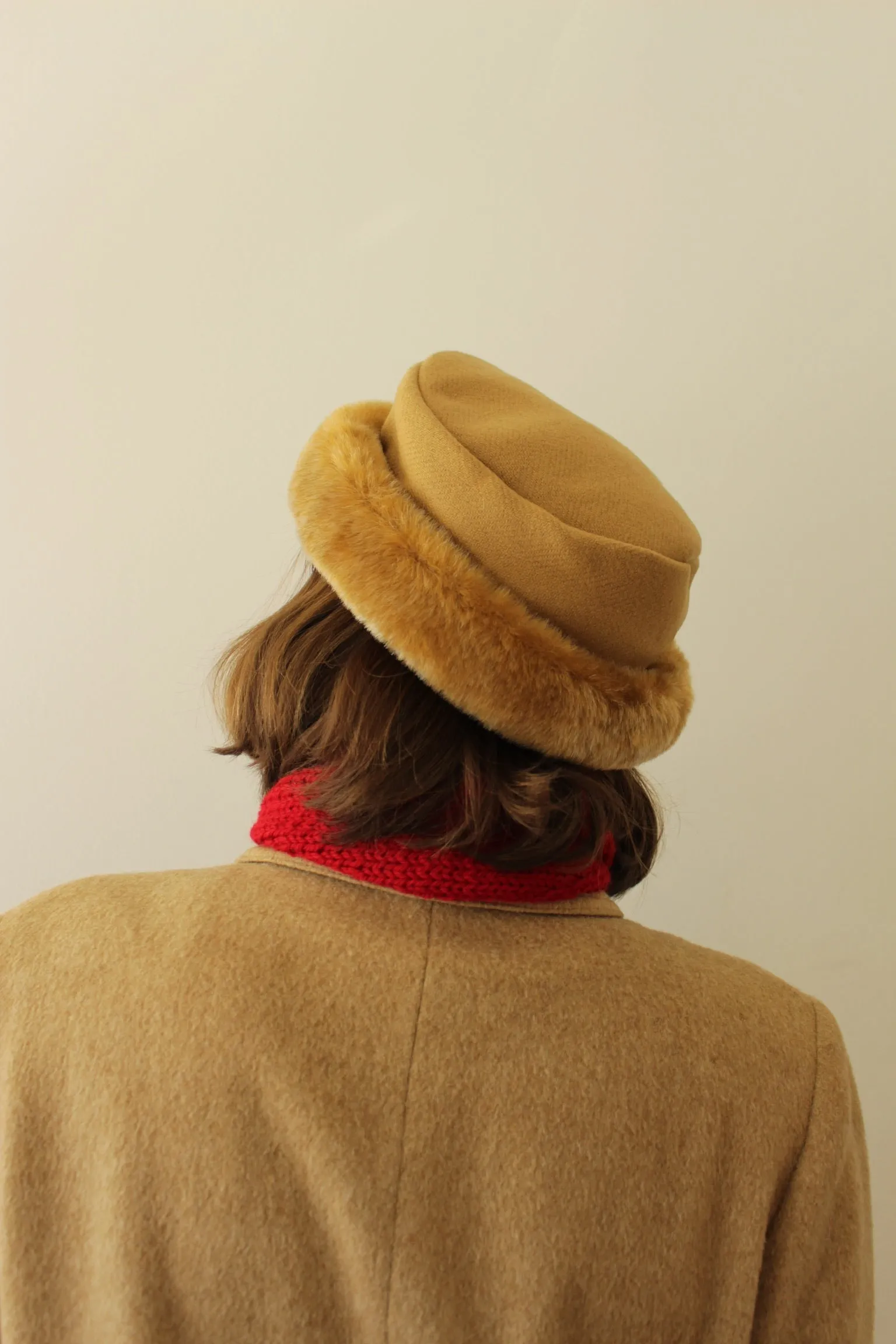 Vintage Caramel Wool Herringbone & Faux Fur Hat sold by NA NIN product image thumbnail 5